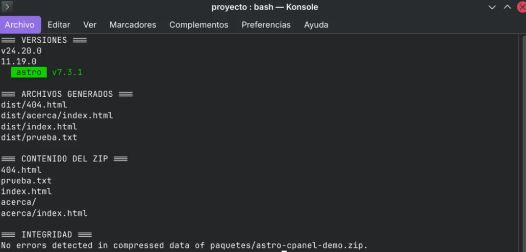 Terminal con versiones de Node.js, npm y Astro, archivos generados, contenido del ZIP y prueba de integridad.