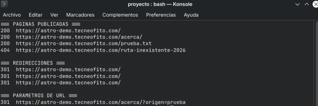 Terminal con respuestas HTTP de páginas, recursos, rutas inexistentes y redirecciones del subdominio de prueba.