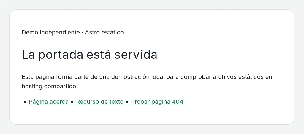 Portada publicada con enlaces a la página interna, el recurso y la ruta de prueba 404.