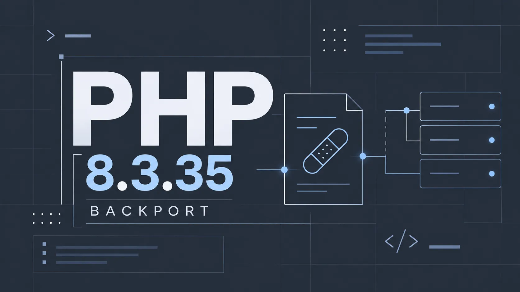 Composición tipográfica conceptual de PHP 8.3.35 y BACKPORT, acompañada de un símbolo de parche; no representa ni verifica una instalación concreta.