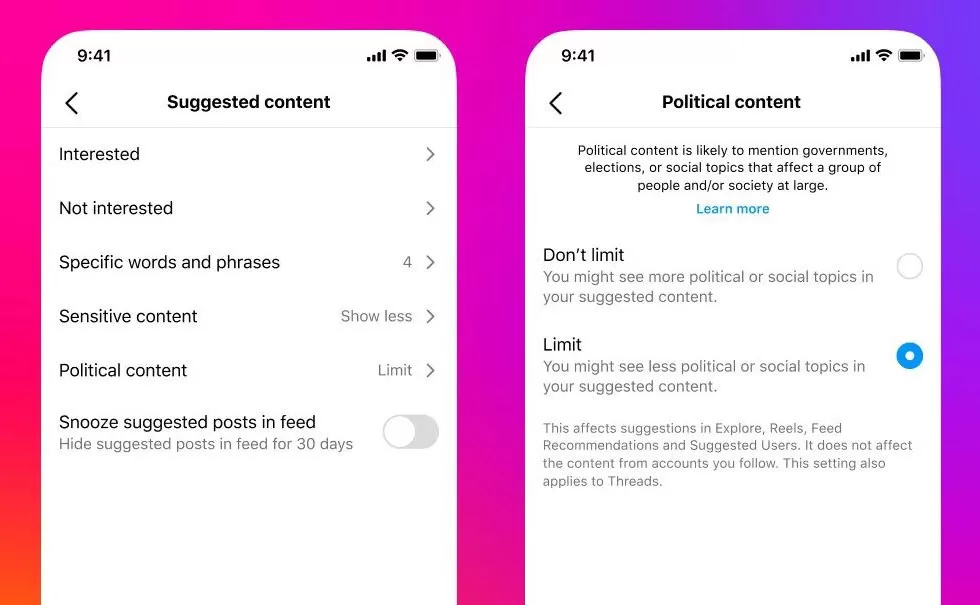 Instagram y Threads empezarán a limitar el contenido político en su feed